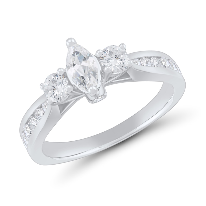 0.95 CT. T.W. Marquise Diamond Past Present Future® Tapered Shank Engagement Ring in 14K White Gold