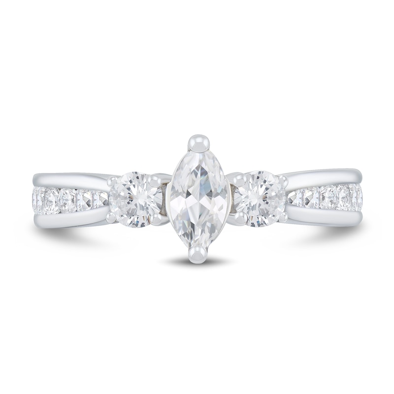 0.95 CT. T.W. Marquise Diamond Past Present Future® Tapered Shank Engagement Ring in 14K White Gold