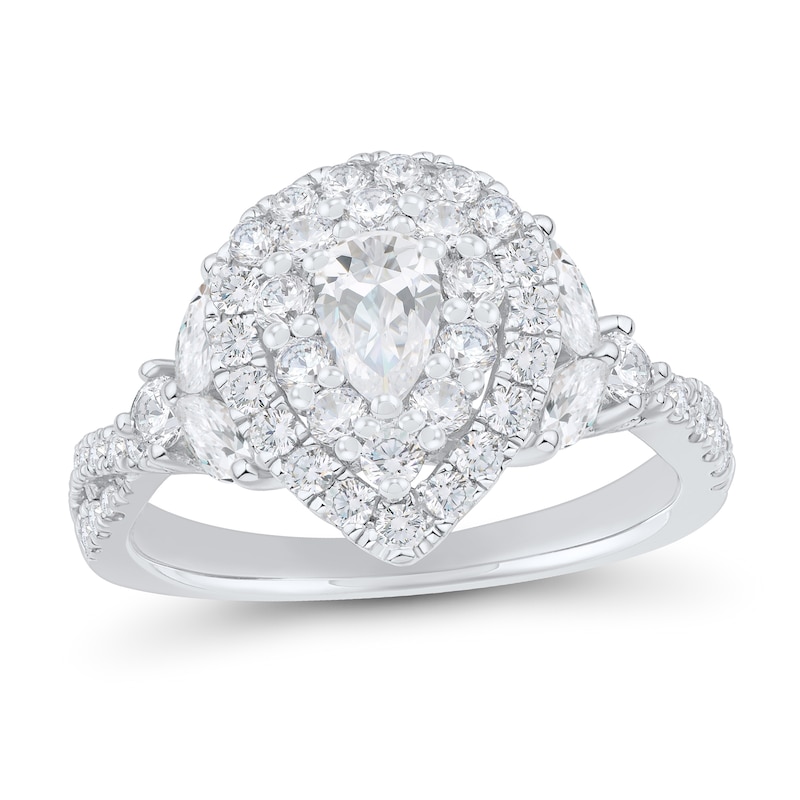 1.45 CT. T.W. Pear-Shaped Diamond Double Frame Leaf-Sides Engagement Ring in 14K White Gold|Peoples Jewellers