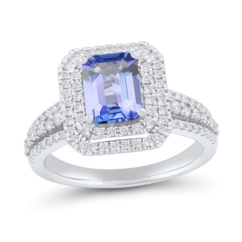 Emerald Tanzanite and 0.58 CT. T.W. Diamond Double Frame Triple Row Engagement Ring in 14K White Gold