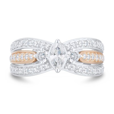 0.95 CT. T.W. Marquise Diamond Multi-Row Open Shank Past Present Future® Engagement Ring in 14K Two-Tone Gold