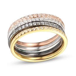 White Lab-Created Sapphire Stackable Band Set in Sterling Silver with 18K Yellow and Rose GP and Black Rhodium - Size 7