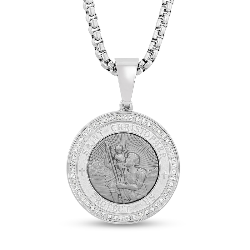 0.23 CT. T.W. Diamond St. Christopher Medallion Necklace Charm in Stainless Steel