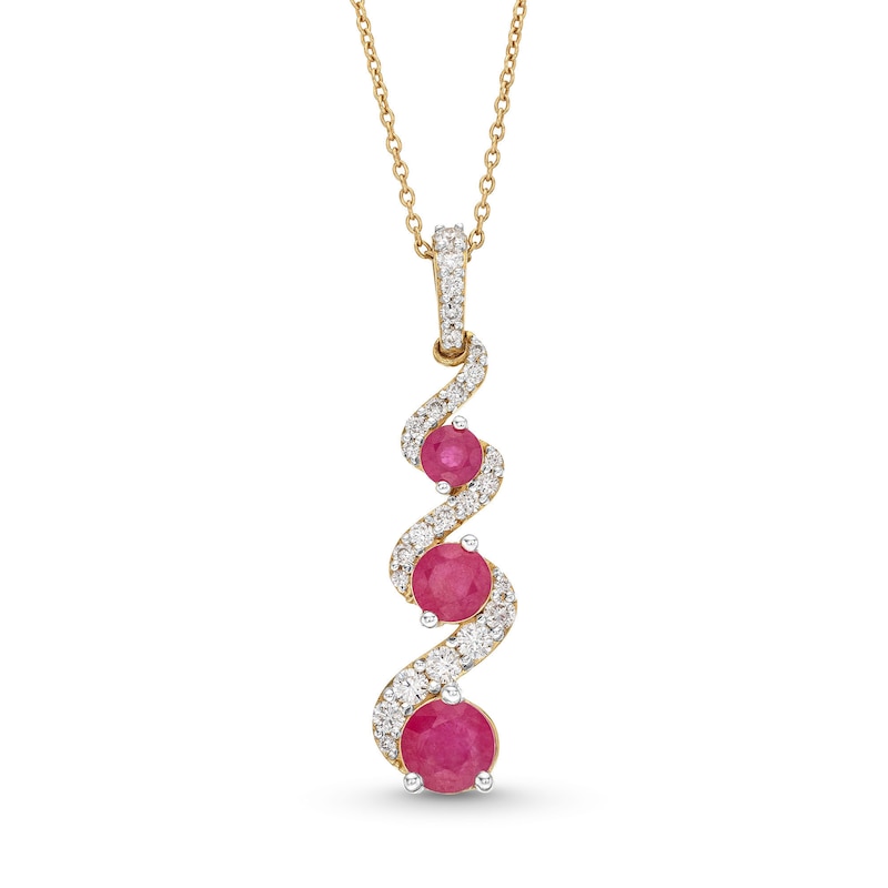 Certified Ruby and 0.30 CT. T.W. Certified Lab-Created Diamond Three-Stone Drop Pendant in 1OK Gold