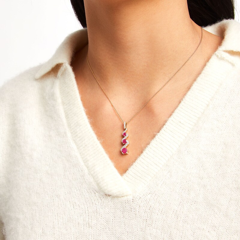 Certified Ruby and 0.30 CT. T.W. Certified Lab-Grown Diamond Three-Stone Drop Pendant in 1OK Gold