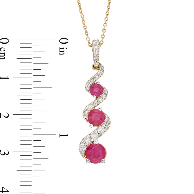 Certified Ruby and 0.30 CT. T.W. Certified Lab-Created Diamond Three-Stone Drop Pendant in 1OK Gold