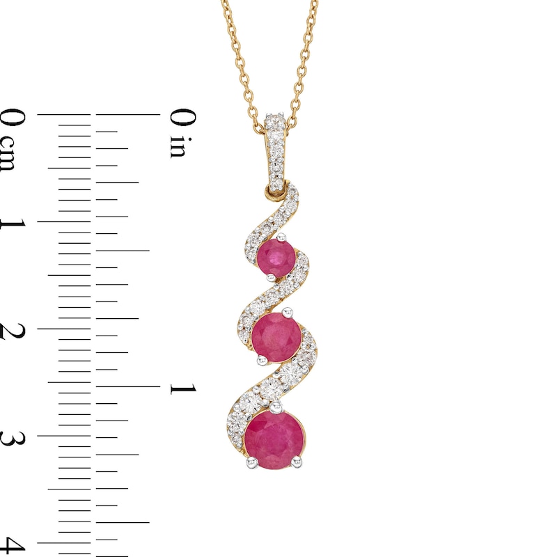 Certified Ruby and 0.30 CT. T.W. Certified Lab-Grown Diamond Three-Stone Drop Pendant in 1OK Gold