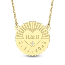 22.0mm Diamond Accent Engravable Sunray with Heart Scallop Disc Necklace (2 Lines)