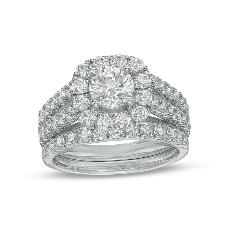 Previously Owned - 2.50 CT. T.W. Diamond Frame Split Shank Bridal Set in 14K White Gold (I/I2)