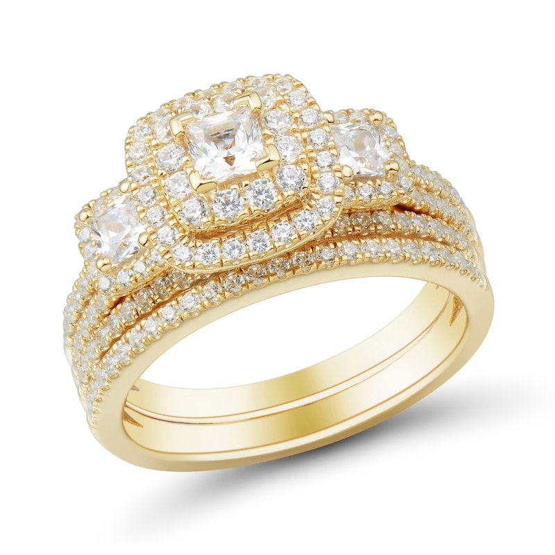 1.45 CT. T.W. Princess-Cut Diamond Past Present Future® Double Cushion Frame Bridal Set in 14K Gold