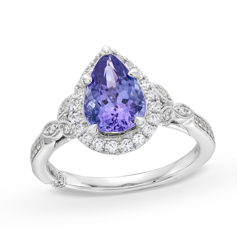 Main Image 1 of Monique Lhuillier Bliss Pear-Shaped Tanzanite and 0.36 CT. T.W. Frame Engagement Ring in 14K White Gold