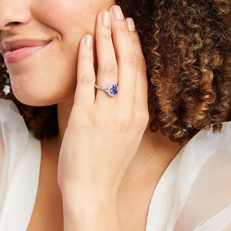 Main Image 2 of Monique Lhuillier Bliss Pear-Shaped Tanzanite and 0.36 CT. T.W. Frame Engagement Ring in 14K White Gold