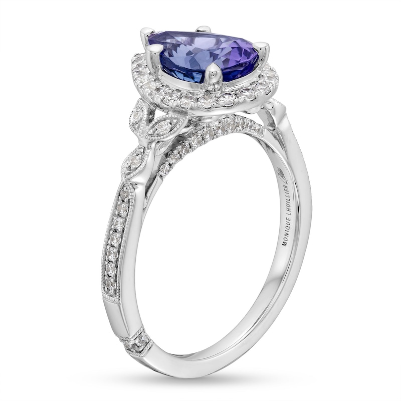 Main Image 3 of Monique Lhuillier Bliss Pear-Shaped Tanzanite and 0.36 CT. T.W. Frame Engagement Ring in 14K White Gold