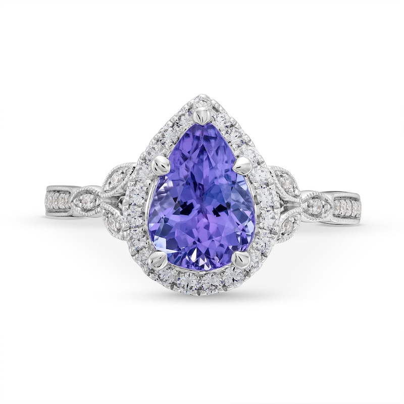 Main Image 4 of Monique Lhuillier Bliss Pear-Shaped Tanzanite and 0.36 CT. T.W. Frame Engagement Ring in 14K White Gold