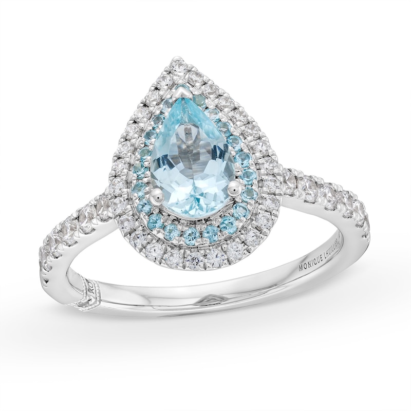 Main Image 1 of Monique Lhuillier Bliss Pear-Shaped Aquamarine and 0.45 CT. T.W. Double Frame Engagement Ring in 14K White Gold