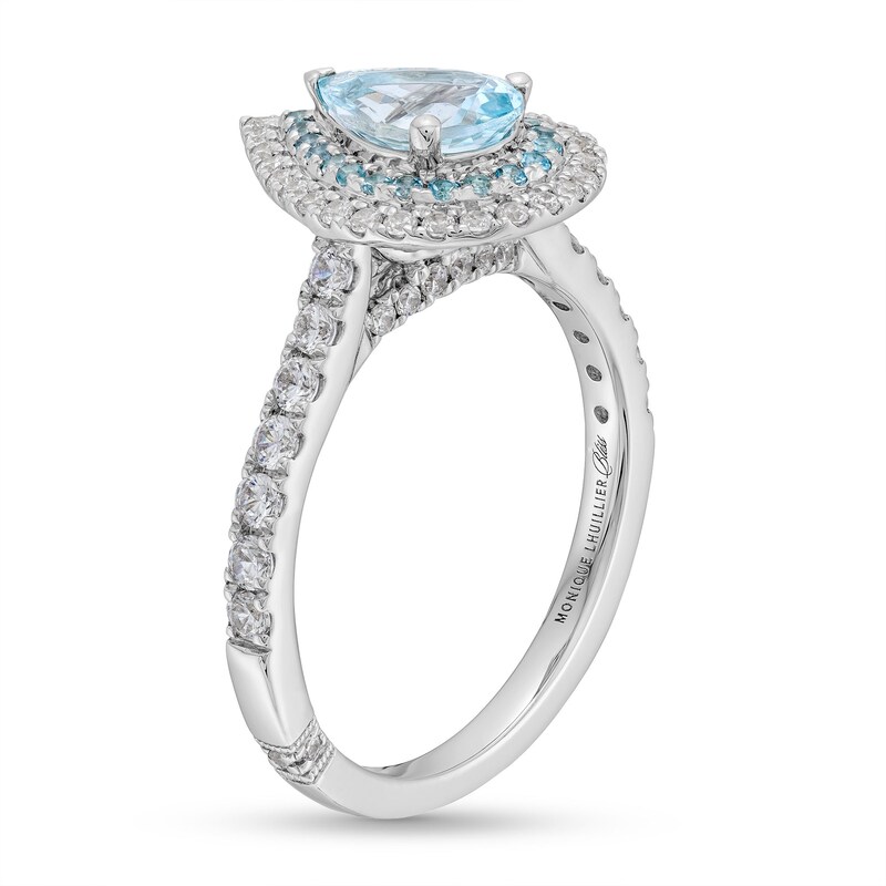 Main Image 3 of Monique Lhuillier Bliss Pear-Shaped Aquamarine and 0.45 CT. T.W. Double Frame Engagement Ring in 14K White Gold