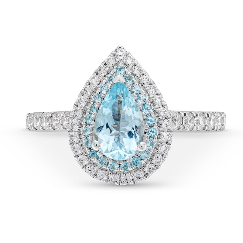 Main Image 4 of Monique Lhuillier Bliss Pear-Shaped Aquamarine and 0.45 CT. T.W. Double Frame Engagement Ring in 14K White Gold