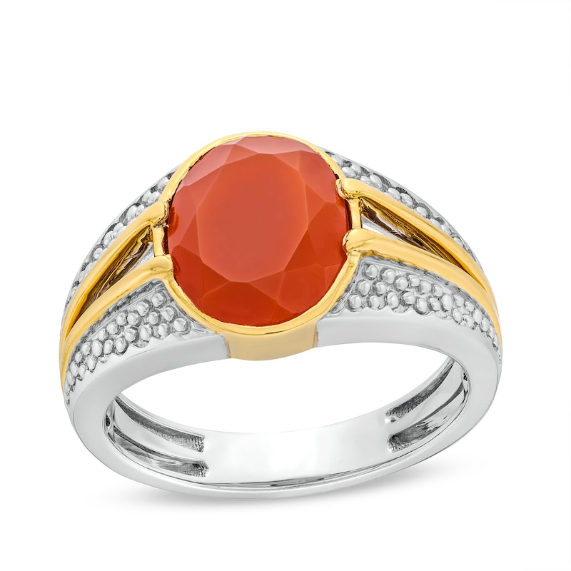 Bezel-Set Oval Red Agate Solitaire Split Shank Ring in Sterling Silver and 10K Gold|Peoples Jewellers