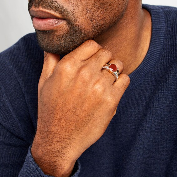 Bezel-Set Oval Red Agate Solitaire Split Shank Ring in Sterling Silver and 10K Gold