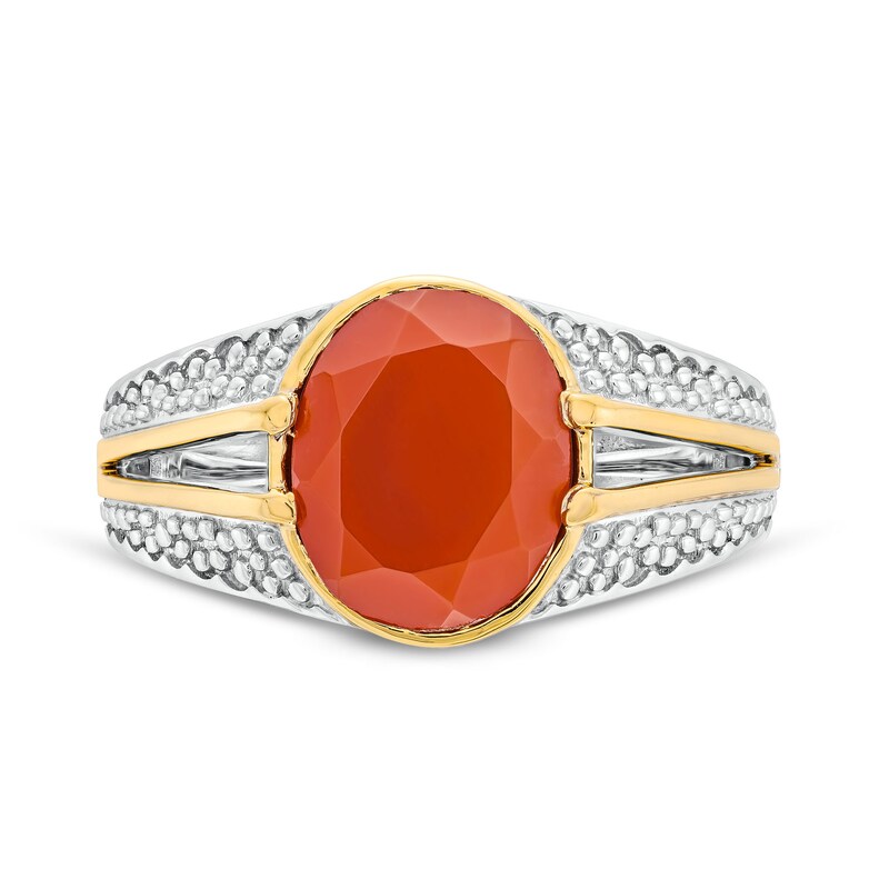 Bezel-Set Oval Red Agate Solitaire Split Shank Ring in Sterling Silver and 10K Gold|Peoples Jewellers