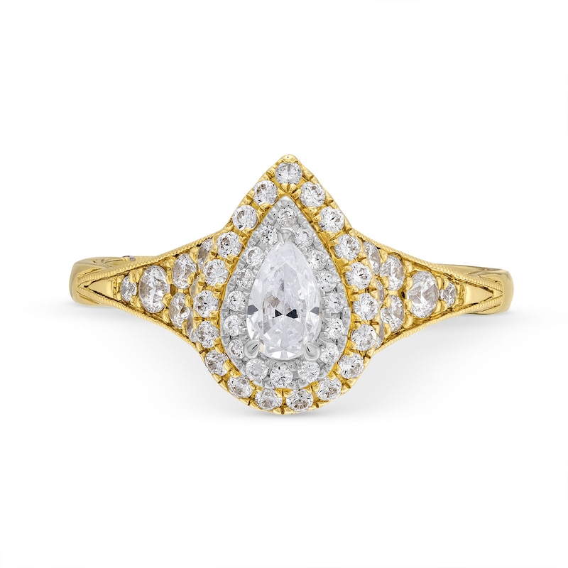 Main Image 4 of Monique Lhuillier Bliss 0.69 CT. T.W. Diamond Pear-Shaped Double Frame Engagement Ring in 18K Gold