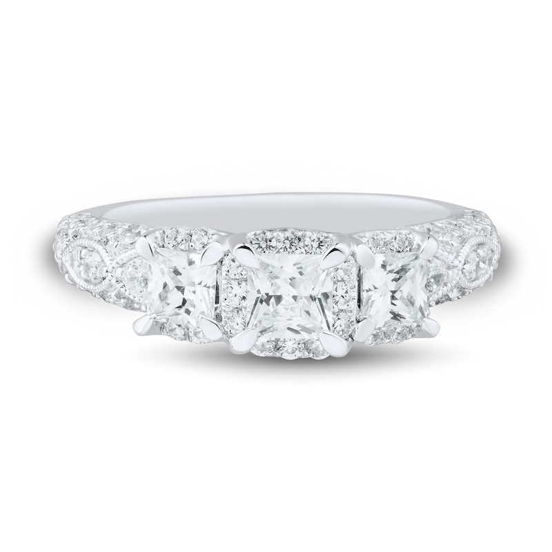 1.45 CT. T.W. Princess-Cut Diamond Past Present Future® Cushion Frame Engagement Ring in 14K White Gold