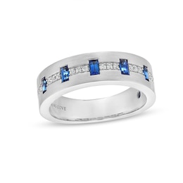 Vera Wang Love Collection Men's Baguette Blue Sapphire and 0.115 CT. T.W. Diamond Band in 14K White Gold