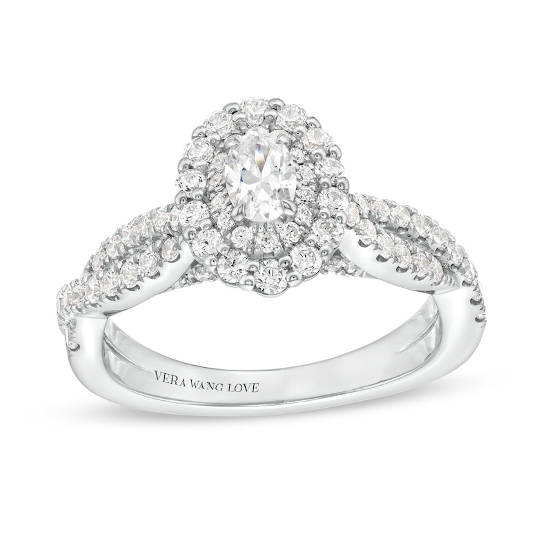 Vera Wang Love Collection 0.95 CT. T.W. Oval Diamond Double Frame Twist Shank Engagement Ring in 14K White Gold