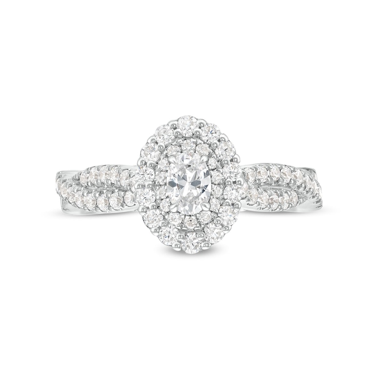 Vera Wang Love Collection 0.95 CT. T.W. Oval Diamond Double Frame Twist Shank Engagement Ring in 14K White Gold