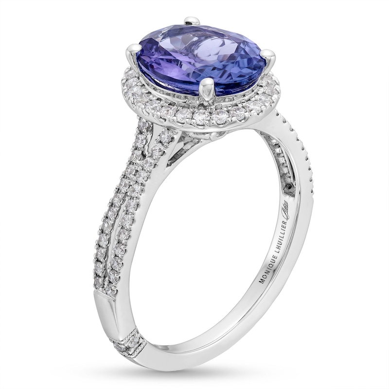 Monique Lhuillier Bliss Oval-Shaped Tanzanite and 0.29 CT. T.W. Diamond Framee Engagement Ring in 14K White Gold (I/I1