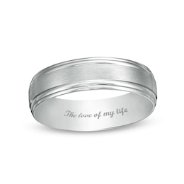 6.0mm Engravable Stepped Edge Satin-Finish Comfort-Fit Wedding Band in 14K White Gold (1 Line)