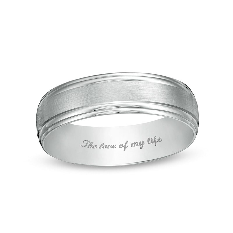 Main Image 1 of 6.0mm Engravable Stepped Edge Satin-Finish Comfort-Fit Wedding Band in 14K White Gold (1 Line)