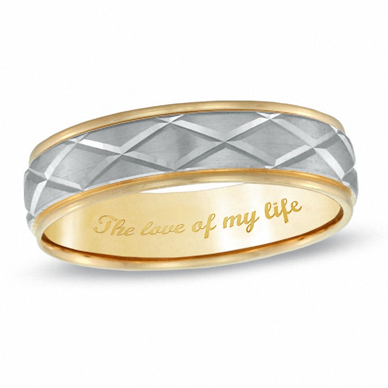 Men's 6.0mm Engravable Argyle Pattern Satin-Finish Comfort-Fit Wedding Band in 10K Two-Toned Gold (1 Line)|Peoples Jewellers