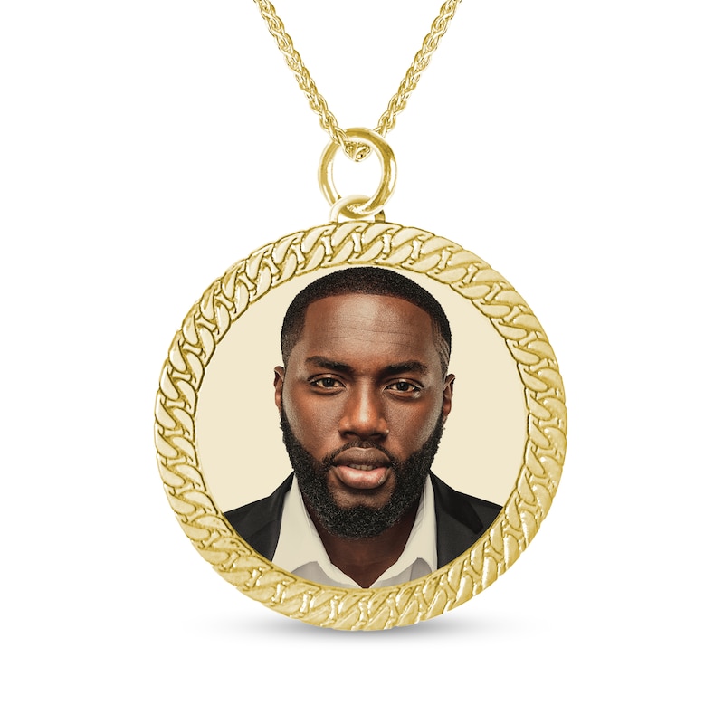 Main Image 1 of Engravable Photo Cuban Chain Frame Circle Pendant in 10K White or Yellow Gold (1 Image and 4 Lines) - 22"
