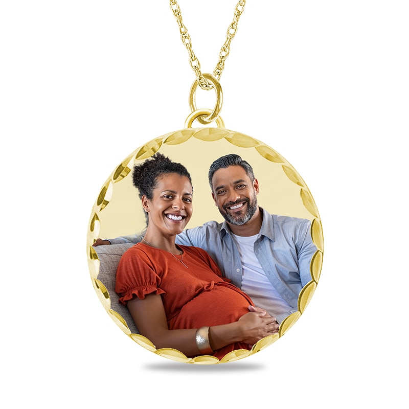 Main Image 1 of Medium Engravable Photo Diamond-Cut Edge Medallion Pendant in 10K White, Yellow, or Rose Gold (1 Image and 3 Lines)