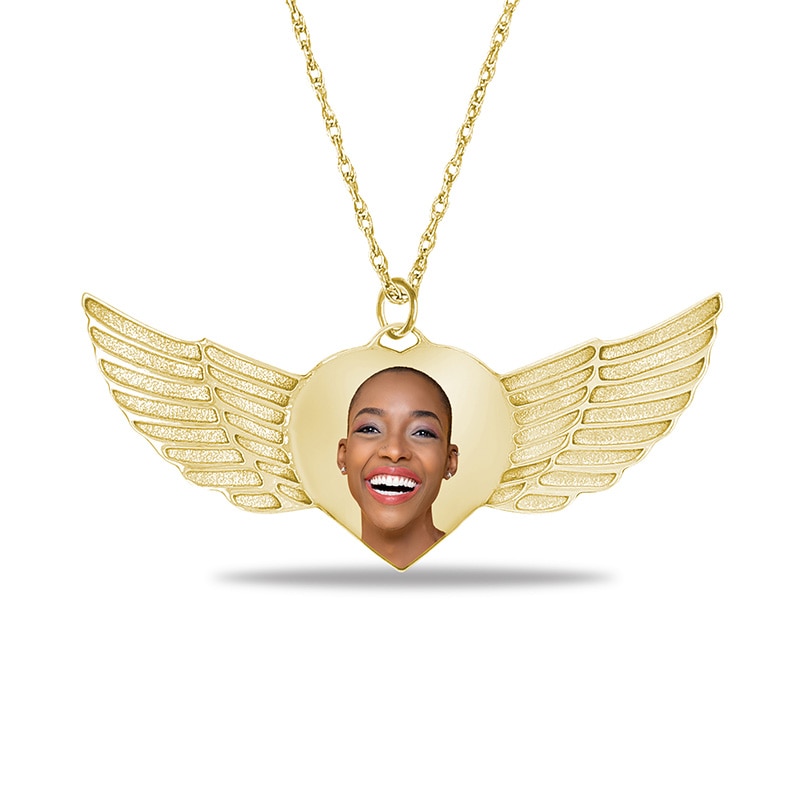 Main Image 1 of Engravable Photo Heart with Angel Wings Pendant in 10K White, Yellow or Rose Gold (1 Image and 3 Lines)