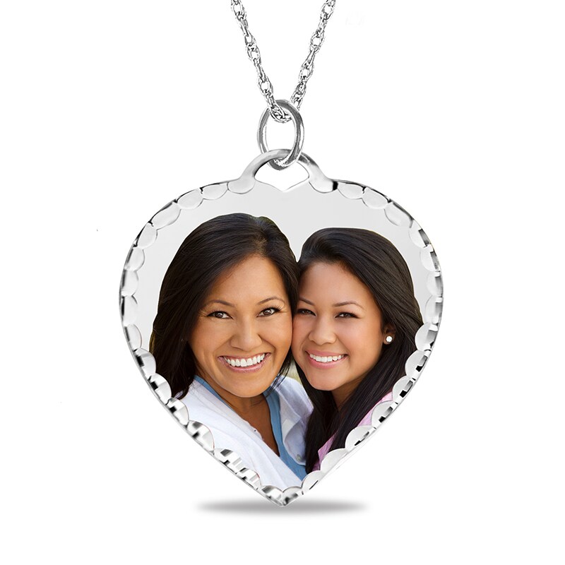 Main Image 1 of Engravable Photo Diamond-Cut Edge Heart Pendant in Sterling Silver (1 Image and 3 Lines)