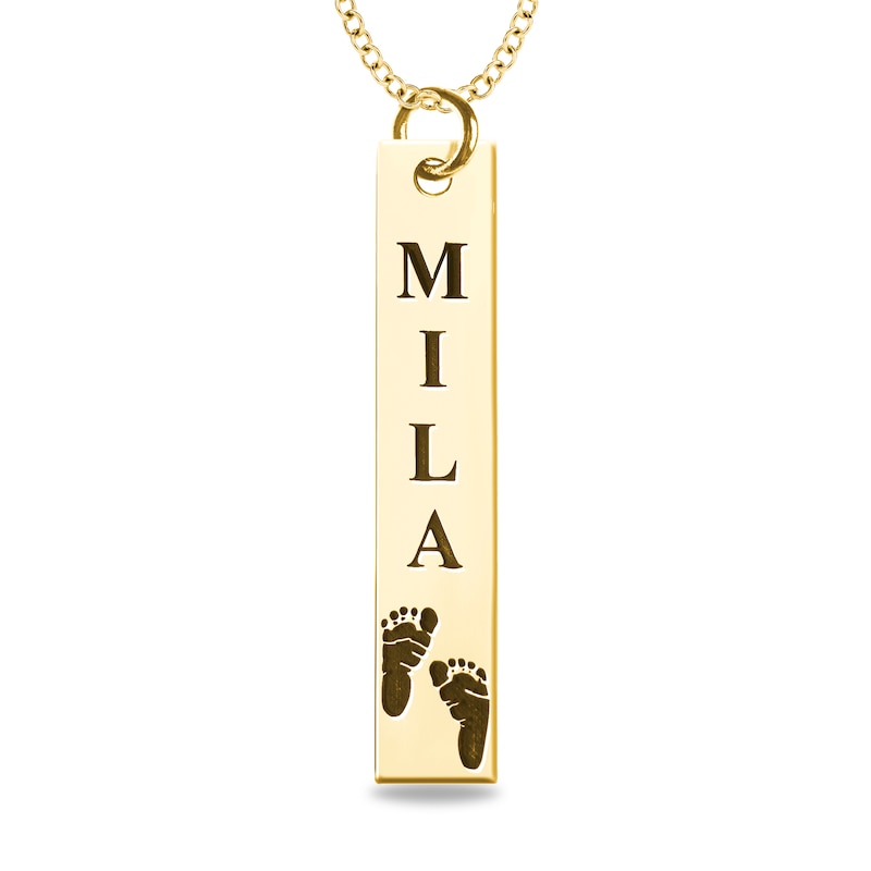 Main Image 1 of Engravable Name Baby Footprint Vertical Bar Pendant in 10K White, Yellow or Rose Gold (1 Image and 2 Lines)