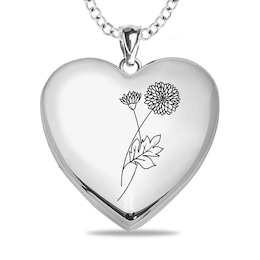Birth Flower and Photo Heart Locket in Sterling Silver (1 Month, Line and 1-2 Images)