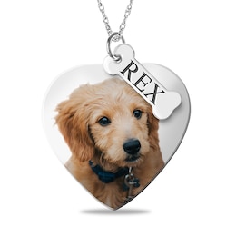 Engravable Photo Heart Dog Pendant with Name Bone Charm in Sterling Silver (1 Image, 1 Name and 4 Lines)