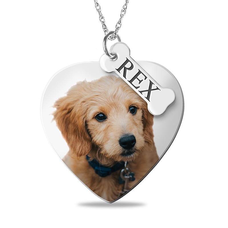 Main Image 1 of Engravable Photo Heart Dog Pendant with Name Bone Charm in Sterling Silver (1 Image, 1 Name and 4 Lines)