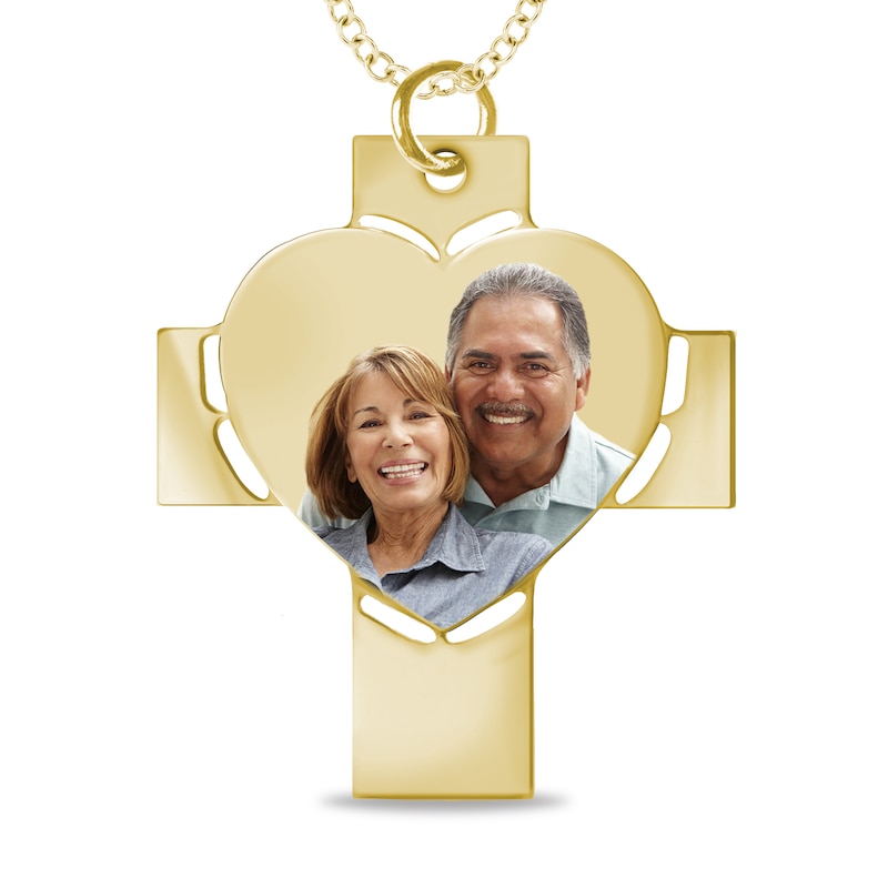 Main Image 1 of Engravable Photo Perforated Heart Cross Pendant in 10K White, Yellow or Rose Gold (1 Image and 2 Lines)