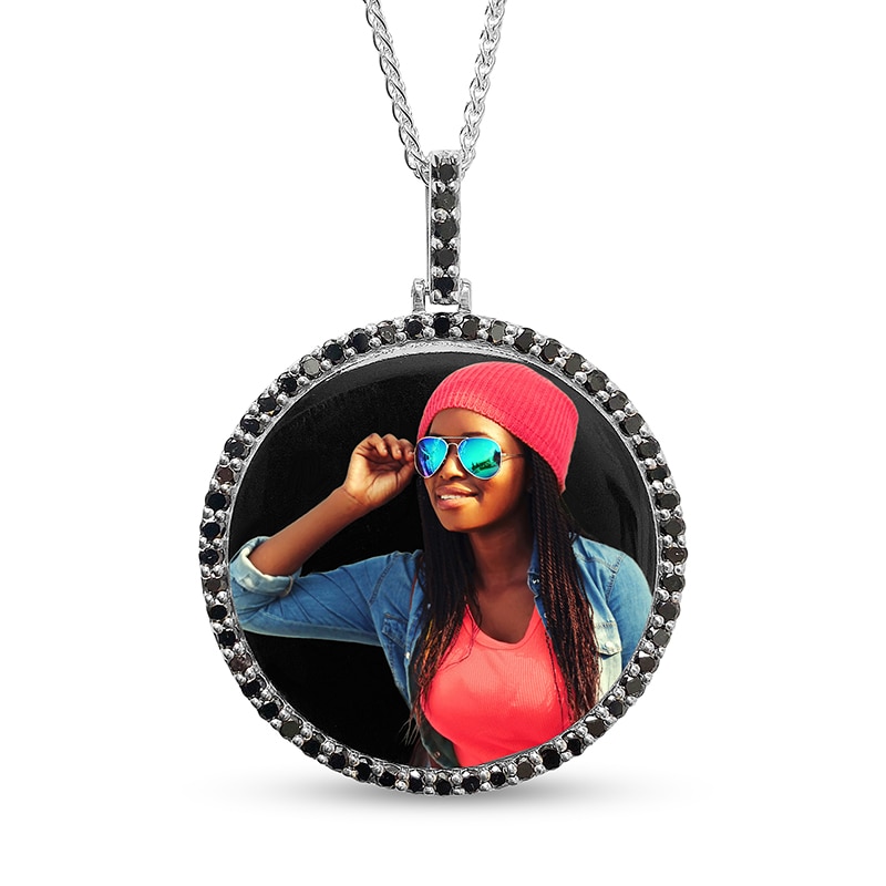 Main Image 1 of Men's 1.25 CT. T.W. Black Diamond Frame Engravable Photo Circle Pendant in Sterling Silver (1 Image and 3 Lines) - 22"