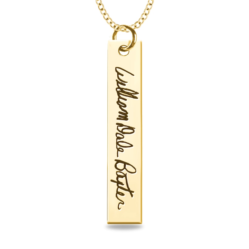 Main Image 1 of Engravable Your Own Handwriting Vertical Bar Pendant in 10K White, Yellow or Rose Gold (1 Image and Line)