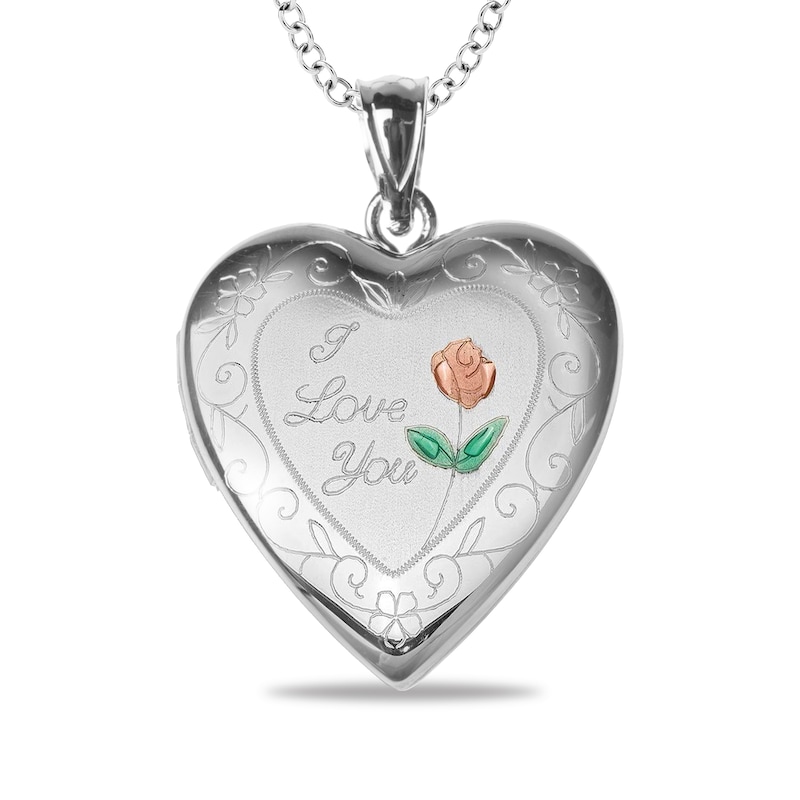 Main Image 1 of Engravable Enamel Rose Floral "I Love You" Photo Heart Locket in Sterling Silver (1-2 Images and 3 Lines)