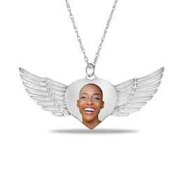 Engravable Photo Heart with Angel Wings Pendant in Sterling Silver (1 Image and 3 Lines)