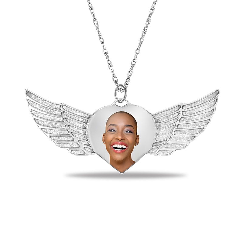 Main Image 1 of Engravable Photo Heart with Angel Wings Pendant in Sterling Silver (1 Image and 3 Lines)