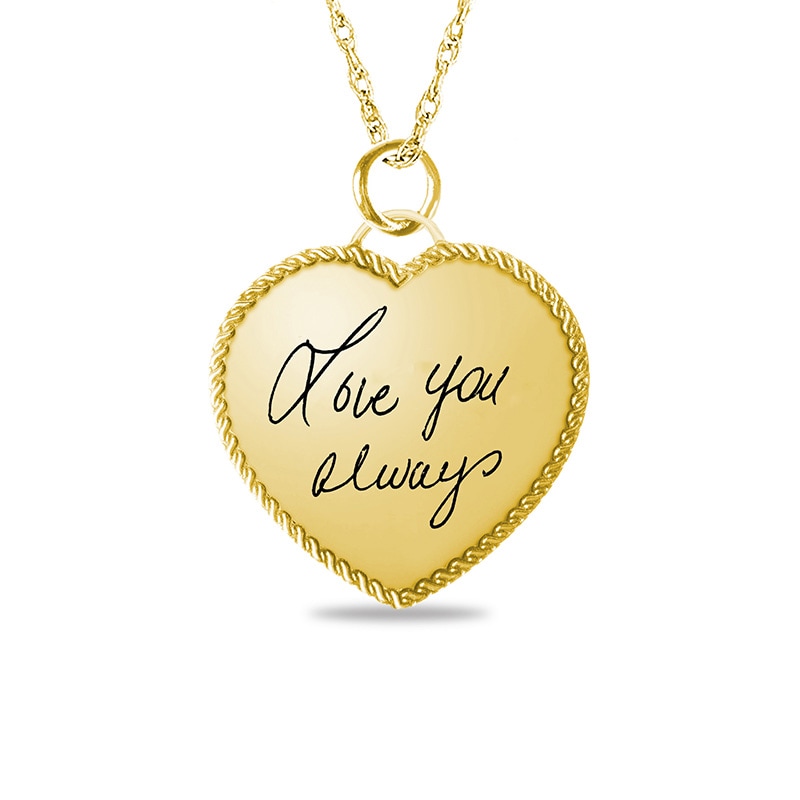 Main Image 1 of Engravable Your Own Handwriting Rope Frame Heart Pendant in 10K White, Yellow or Rose Gold (1 Image and 2 Lines)