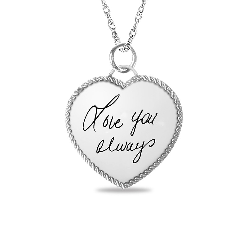 Main Image 1 of Engravable Your Own Handwriting Rope Frame Heart Pendant in Sterling Silver (1 Image and 2 Lines)