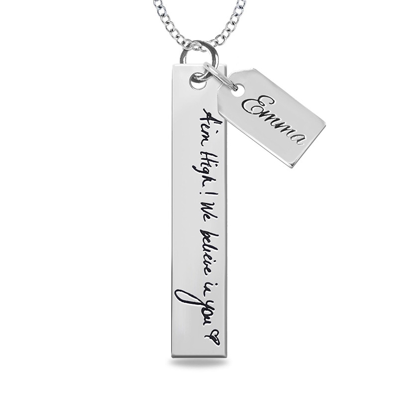 Main Image 1 of Engravable Your Own Handwriting and Name Tag Charm Vertical Bar Pendant in Sterling Silver (1 Image and Line)